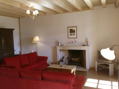 The lounge with open fire place and doors into the garden